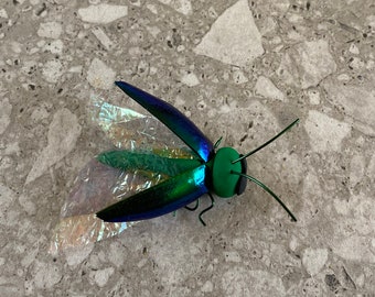 Cute iridescent blue green jewel beetle figurine