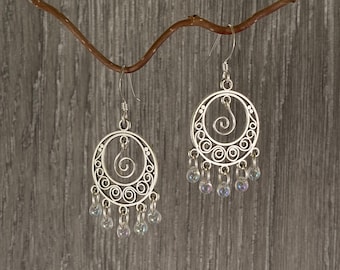 Delicate Lightweight Silver or Gold Chandelier Earrings With Handmade Wire Curl
