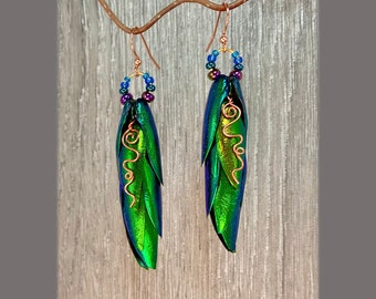 Green Glittery All Natural Beetle Wing Earrings With Handmade Copper Curls and Multicolored Glass Beads