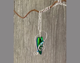 All Natural Iridescent Blue Green Beetle Wing Pendant Necklace With Handmade Wire Curls And Colorful Accent Beads