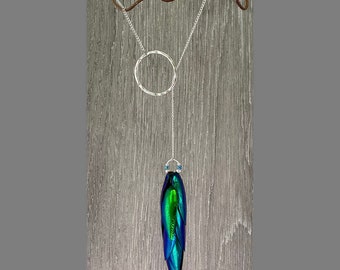 May include: A silver chain necklace with a circle pendant and a long, dangling pendant made of iridescent green and blue beetle wings.