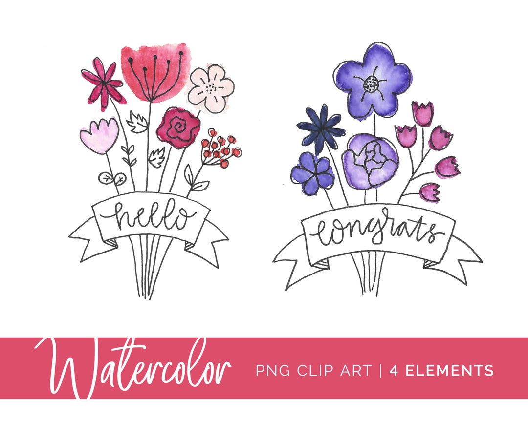 Watercolor Clip Art - Flowers With Hand Lettered Greetings - Etsy