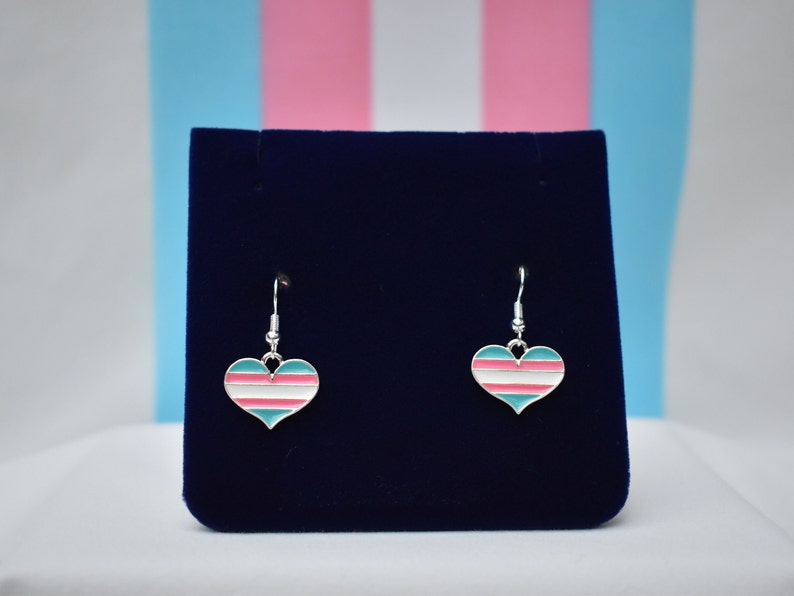 May include: A pair of silver dangle earrings with a heart-shaped charm. The charm is painted with the transgender pride flag colors: light blue, pink, and white.