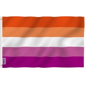 May include: A flag with horizontal stripes in shades of orange, peach, white, pink, and magenta. The flag is attached to a white pole with a gold grommet. The flag is waving slightly, showing the fabric's texture.