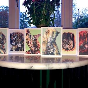 Ensemble de six cartes de voeux/animal cartes/imprimé sur 100% recyclé carte/biodégradable plastique manche/enveloppe/animal illustration