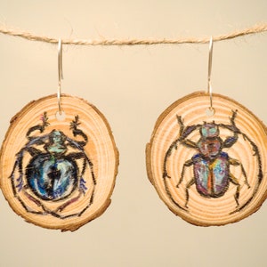 Hand crafted unique earrings. Wooden Jewellery / Coloured pencil drawings. Illustration of Beetles / Bugs