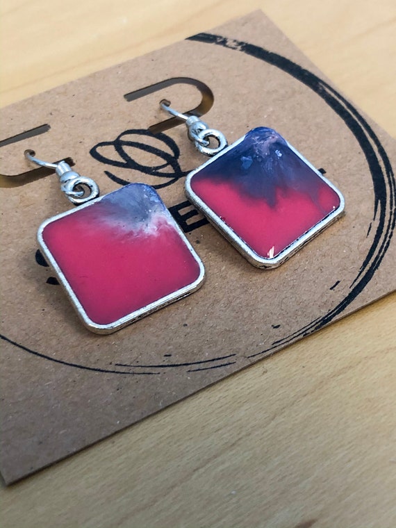 Purple, Pink and Light Gray Unique Resin Art Painted Drop Dangle Earring Set for her