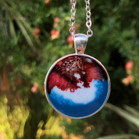 One of a Kind Resin Art Necklace in Red, White and Blue America Circle Pendant, Gift for her