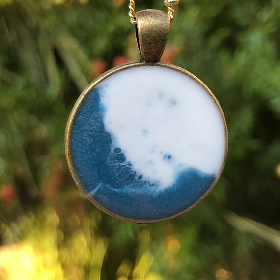 One of a Kind Resin Art Necklace White and Blue Beach Ocean Wave Scene Circle Pendant