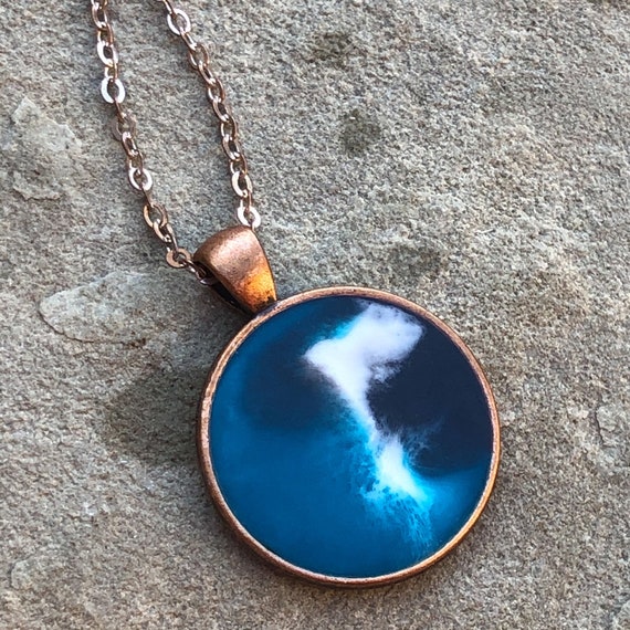 One of a Kind Resin Art Necklace Blue and Gold Island Beach Ocean Scene Copper Color Circle Pendant. Great Christmas Gift