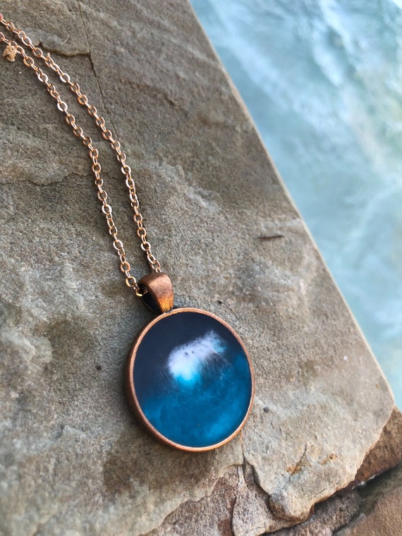 One of a Kind Resin Art Necklace Blue and Gold Island Beach Ocean Scene Copper Color Circle Pendant