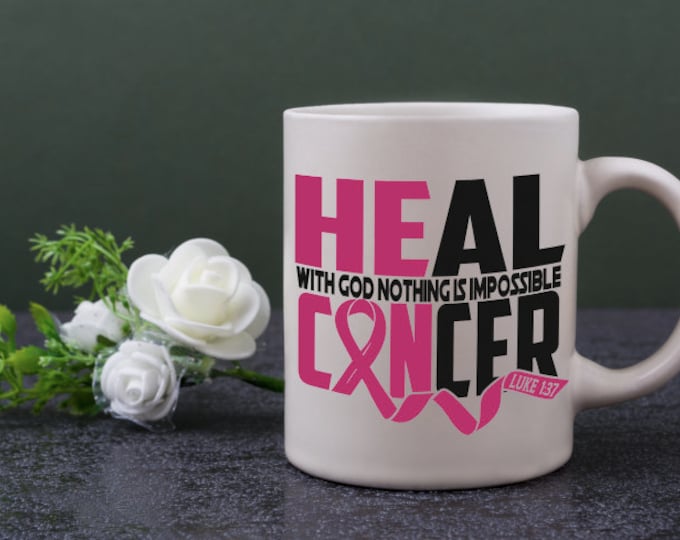 Featured listing image: He Can Heal Cancer | Breast Cancer Awareness | Personalized Coffee Mug