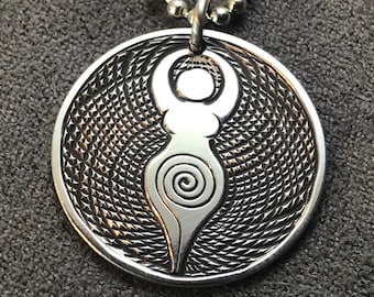 Spiral goddess pendant - original hand engraved silver coin on an 18” silver chain