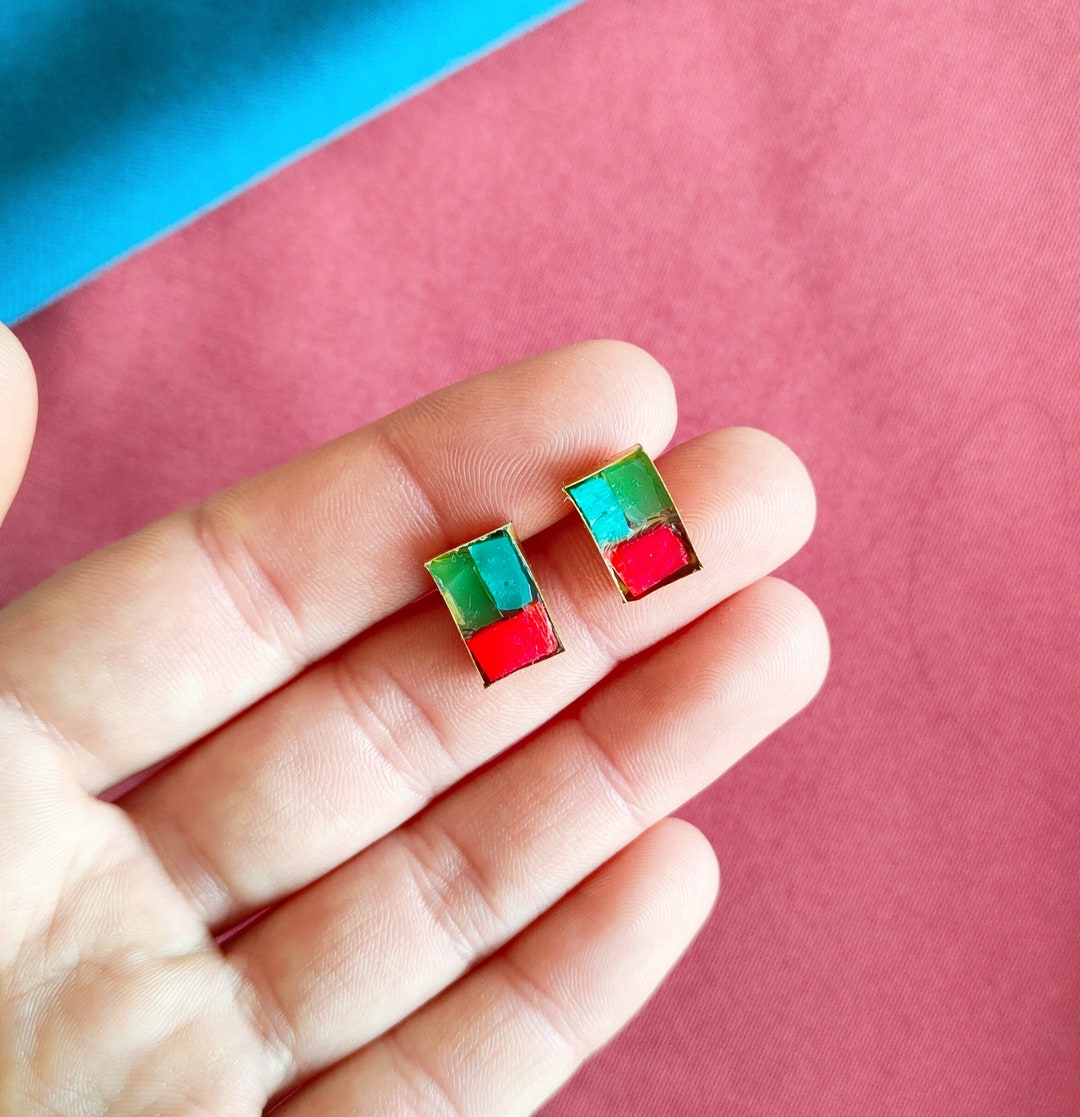 Brass and Glass Lobe Earrings/ Colored Earrings/ Minimal Etsy