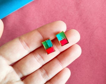 Pendientes lóbulos de latón y cristal/ pendientes de colores/ pendientes minimal squared/ bijoux mosaico