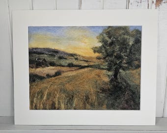 Sunset, needle felted landscape, wool art, countryside scene