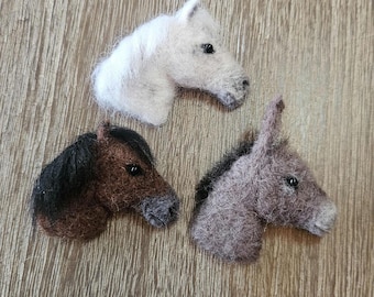 Needle felted horse head brooch, donkey brooch, pony, bag pins, custom made