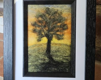 Puesta de sol, escena de fieltro con aguja, silueta de árbol, arte en lana