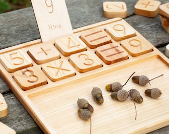 Wooden Math Board with numbers and symbols, Montessori Math sets, Educational counting tray, Wood gift for kid, Homeschool learning resource