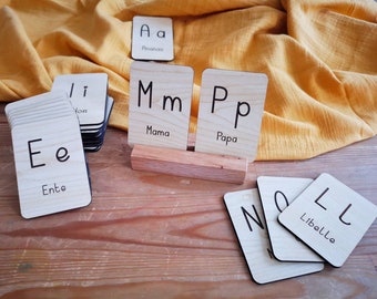 Wooden German alphabet flashcards, Montessori Learning Set, Set of wooden German Alphabet, Educational Toy, A-Z flashcards, Preschooler gift