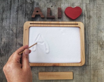 Bandejas de areia de madeira, materiais Montessori, bandeja para escrita na areia, bandeja para escrita do alfabeto, recurso de aprendizagem Waldorf, material de aprendizagem para ensino domiciliar