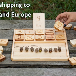 Christmas gifts for kids, Wooden Math set with 2 set of numbers, Montessori learning resource, Counting wooden tray, Wooden math game,