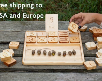 Christmas gifts for kids, Wooden Math set with 2 set of numbers, Montessori learning resource, Counting wooden tray, Wooden math game,