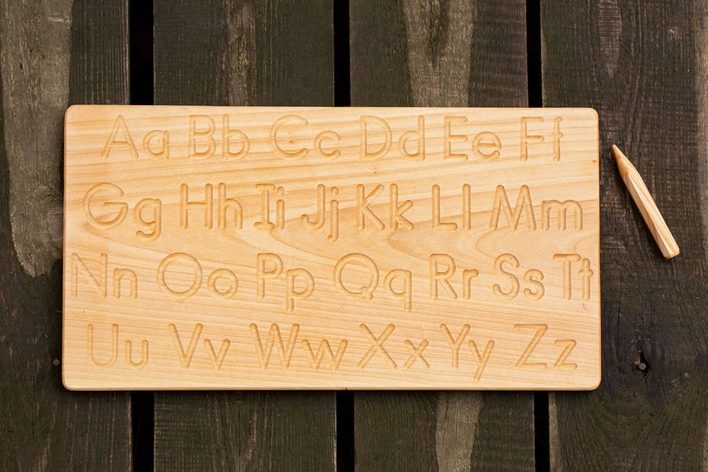 Alfabet traceerbord, Homeschool materialen, Vinger tracing board, Waldorf, Montessori educatief houten speelgoed, Waldorf educatief bord afbeelding 2