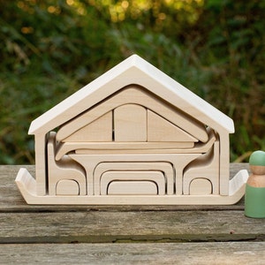 Juego de casa de madera, rompecabezas de anidación Waldorf, casa apiladora Waldorf, juguetes ecológicos, juguete educativo Montessori, juguetes abiertos