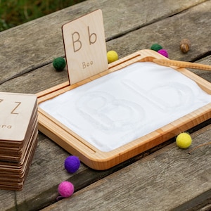 Montessori Learning Tray Set, Wooden sand tray, Wooden alphabet flashcard, Homeschool material, Educational Toy, Gift for Preschool children