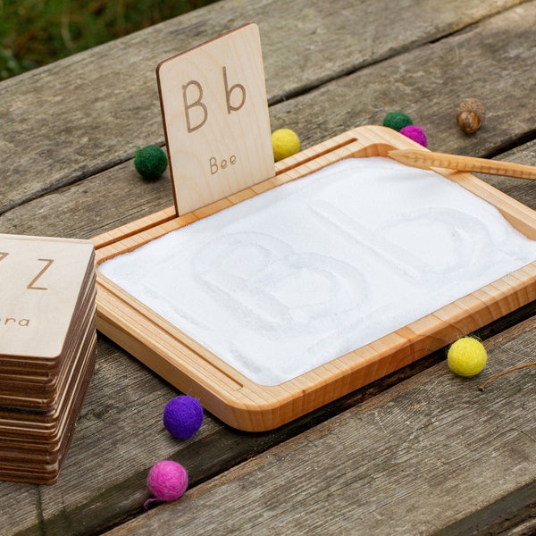 Montessori Lerntablett Set, Holzsandtablett, Holzalphabet-Karteikarte, Homeschool Material, Lernspielzeug, Geschenk für Vorschulkinder