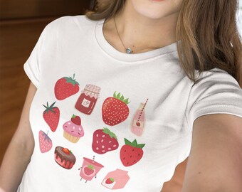 Coquette Strawberry Milk Tshirt, Cottage Core Shirt, Strawberry T Shirt, Goblincore Clothing, Preppy Clothes, Fairy Core Clothes