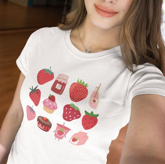 Coquette Strawberry Milk Tshirt, Cottage Core Shirt, Strawberry T Shirt, Goblincore Clothing, Preppy Clothes, Fairy Core Clothes