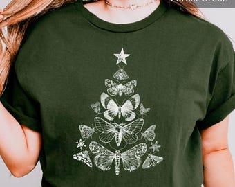 Camisa de trabajo navideña con polilla, camisa de polilla cecropia, camisa festiva, camisa navideña gótica, camisa navideña con polilla mágica y coqueta, camisa Whimsigoth