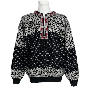 Voss Norway Fair Isle Nordic Sweater Black Metal Closure Knit Wool Unisex Sz XL