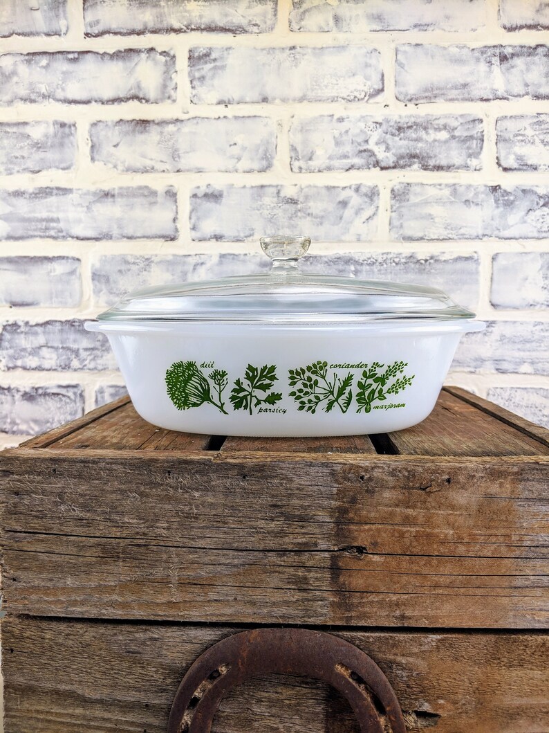 Vintage Glasbake Garden Herb Casserole Dish With Lid