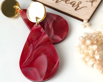 Red patterned teardrop acrylic earrings | Laser cut earrings | Australian made earrings