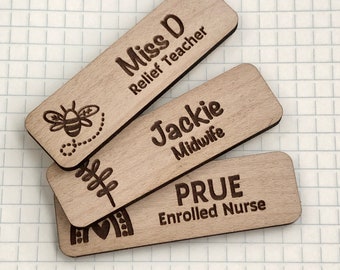 Wooden Name Badge | Magnetic Name Badge | Custom Name Badge | Custom Teacher Badge | Personalised wooden badge | Custom pin on name badge