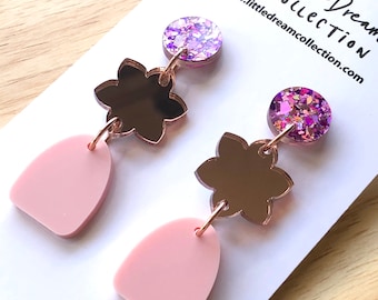 Acrylic Earrings | Acrylic Dangles | Rose Gold Mirror Acrylic | Laser Cut Earrings | Glitter Acrylic