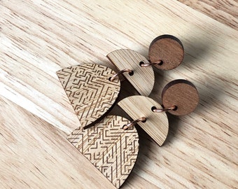 Laser cut Bamboo earrings | Unique laser engraved 3 tier dangle earrings