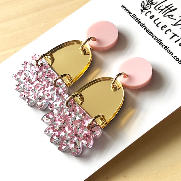 Cute acrylic statement earrings, gold mirror and pastel pink glitter, the perfect gift for someone special or to spoil yourself