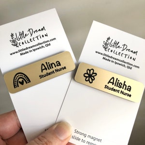 Personalised Name Badge: Gold metallic look, Magnetic or Pin on Work Badge