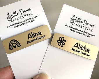 Personalised Name Badge: Gold metallic look, Magnetic or Pin on Work Badge
