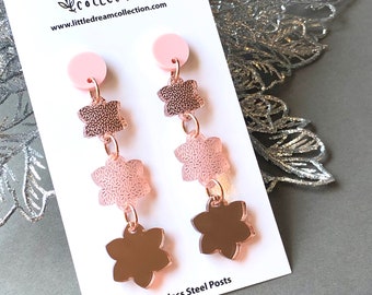 Flower Dangle Statement Earrings - Lasercut Rose Gold Mirror and Pink Acrylic