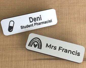 Personalised Name Badge | Custom Made Magnetic Name Badge Silver Metallic | Personalised badge for work and placements