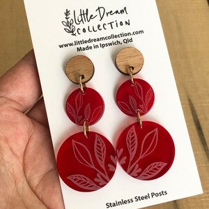 Red Acrylic Circle Dangle Earrings | Acrylic Laser Cut Earrings | Botanical Earrings | Leaf Earrings | Transparent Red Acrylic Earrings