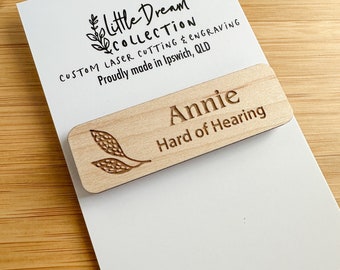 Personalised Maple Wooden Name Badge: Custom made, Magnet or Pin Back