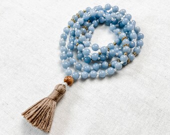 Wrist Mala. AngeliteAquamarineBlue Lace Agate Blue ChalcedonyHowlite Yoga Mala Beaded Bracelet Healing Natural Gemstone Bracelet