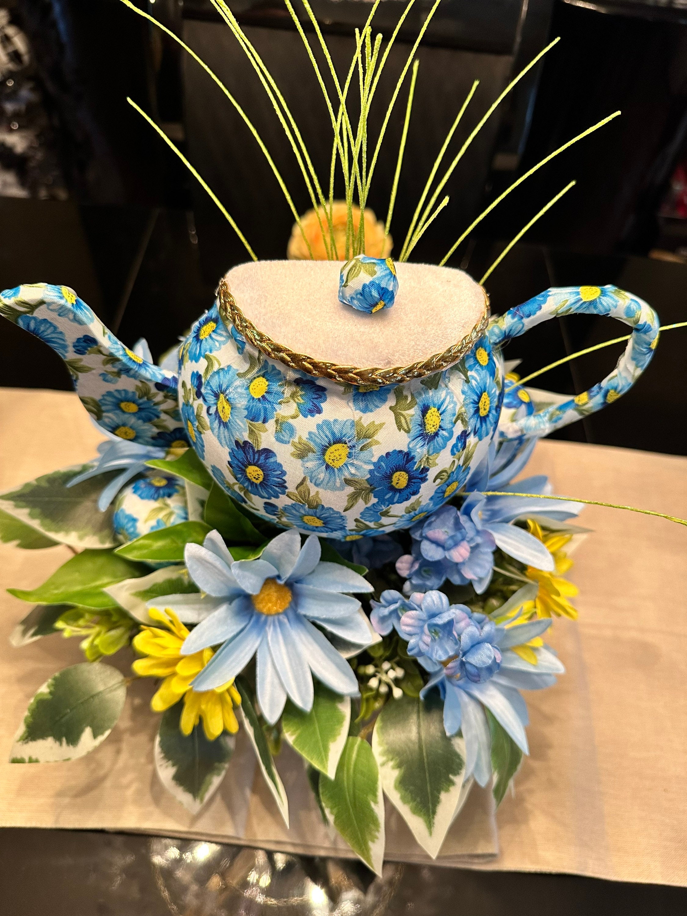 Blue Flower Centerpiece Tea Pot Flower Centerpiece Table Etsy