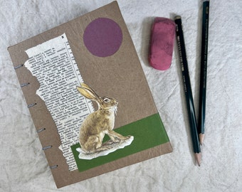 Asiatic Brown Hare Journal - Handmade Rabbit Journal - Handmade Nature Journal - Recycled Junk Journal